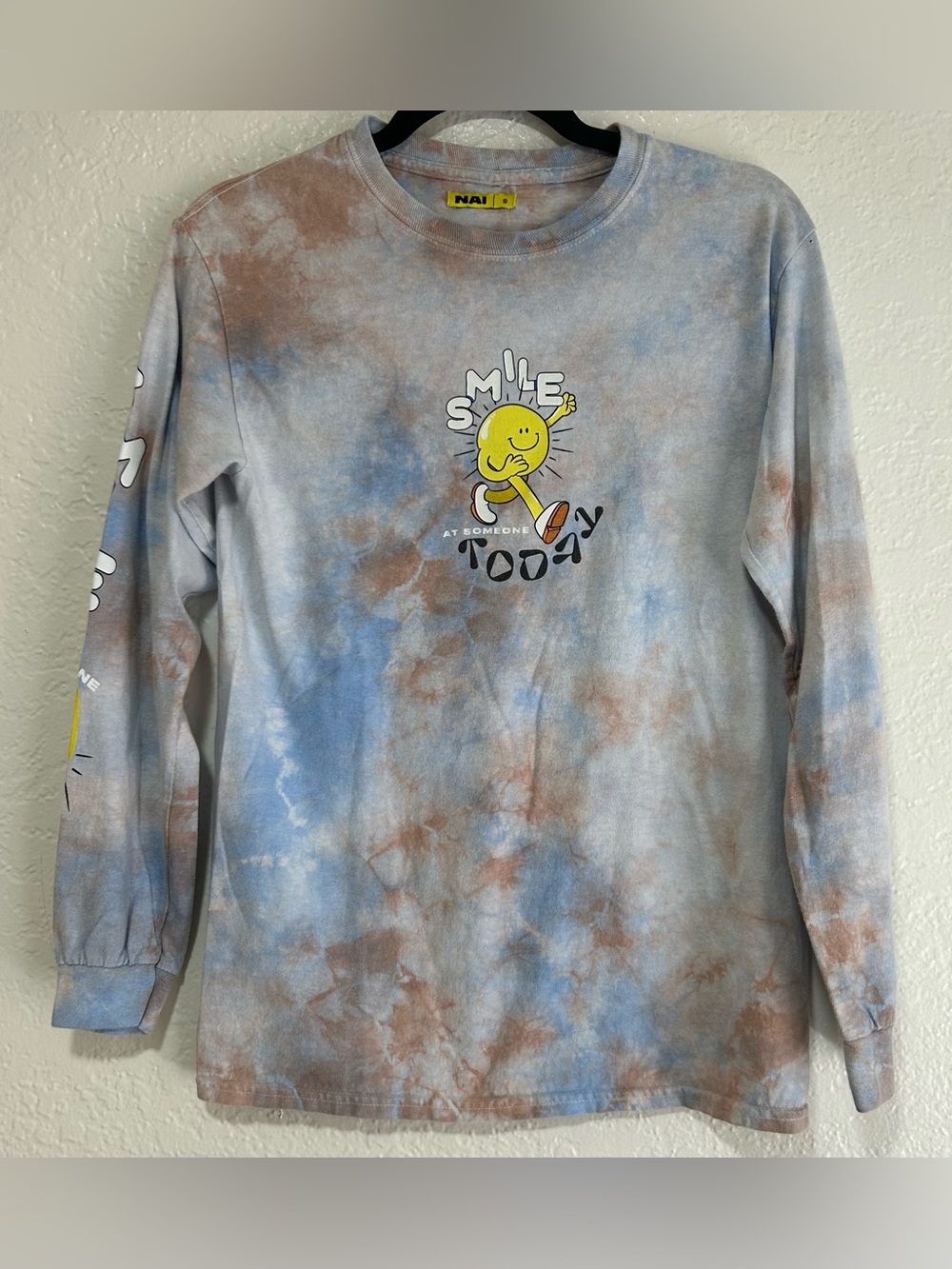 “Smile at Someone Today” Smiley Face Tie-Dye Long Sleeve Tee - Blue & Brown